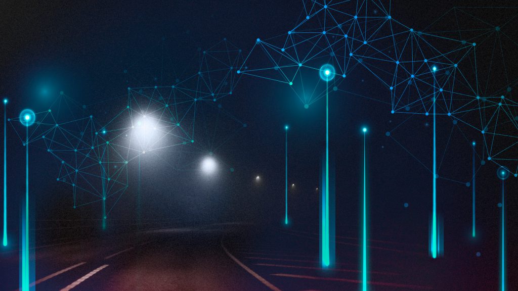 A digital representation of connected IoT data along a highway.