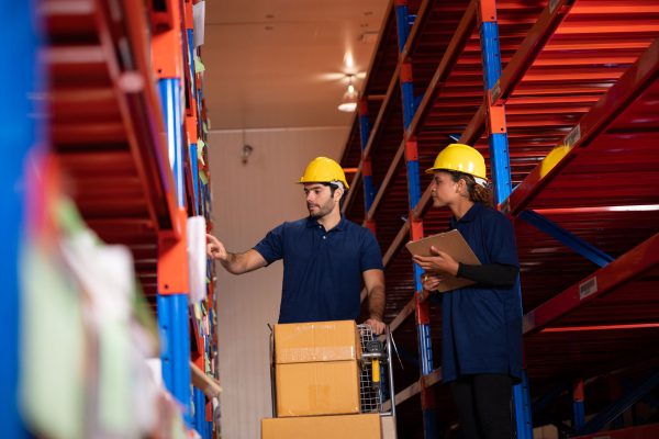 Two workers in a warehouse stock shelves with boxes being tracked using IoT.