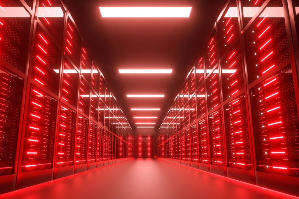 A red server room with cabinets that use IoT temperature and humidity sensors.