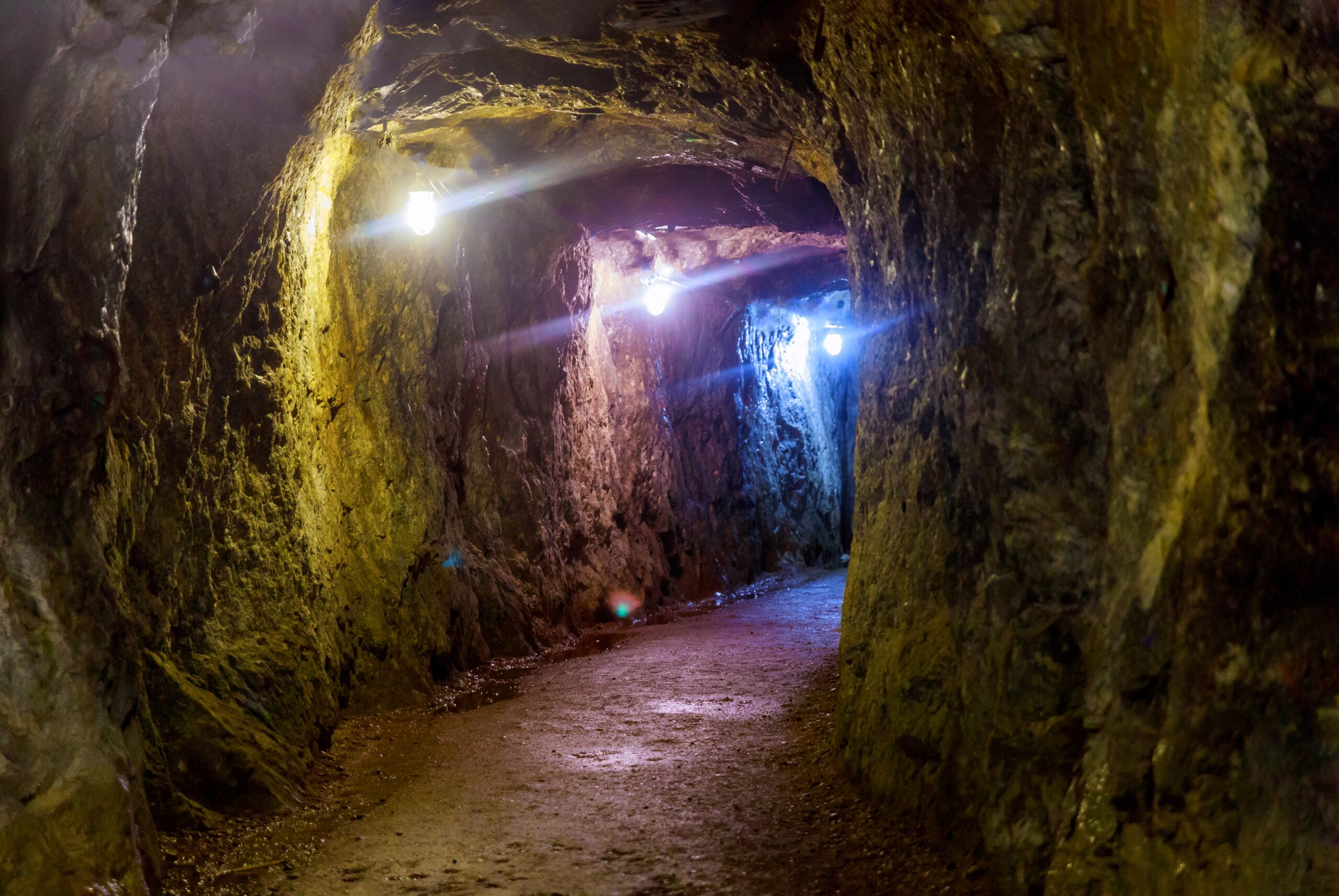 A lighted pathway in a mine that uses IoT air quality sensors.