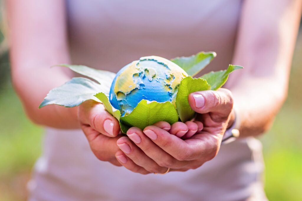 A person holds a small globe in a bed of leaves in their hands.