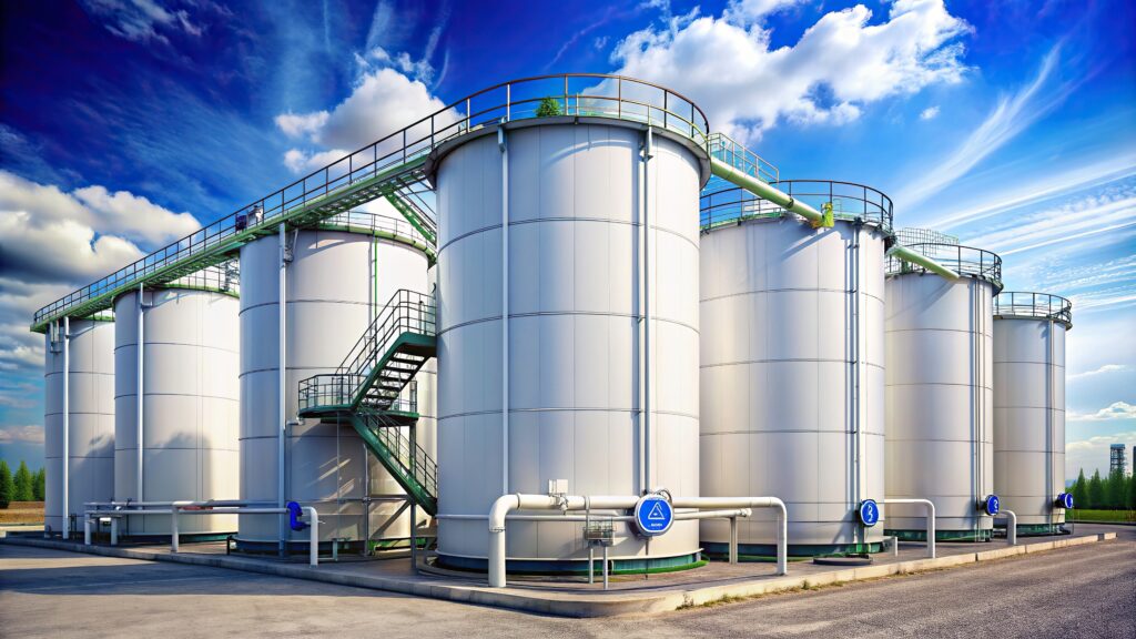 A row of white chemical tanks monitored by IoT.